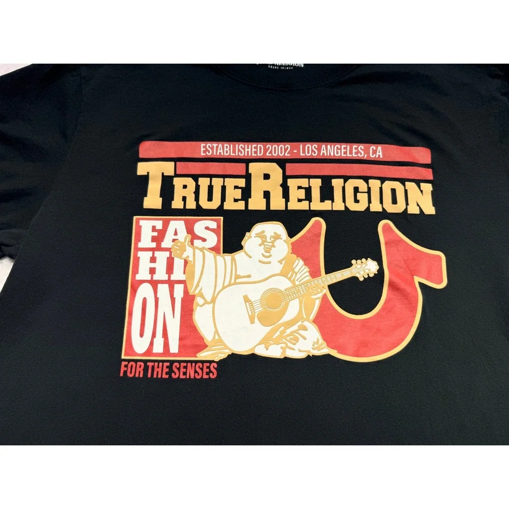 True Religion Mens Black Buddha Guitar Graphic T-Shirt XL 700465 Cotton